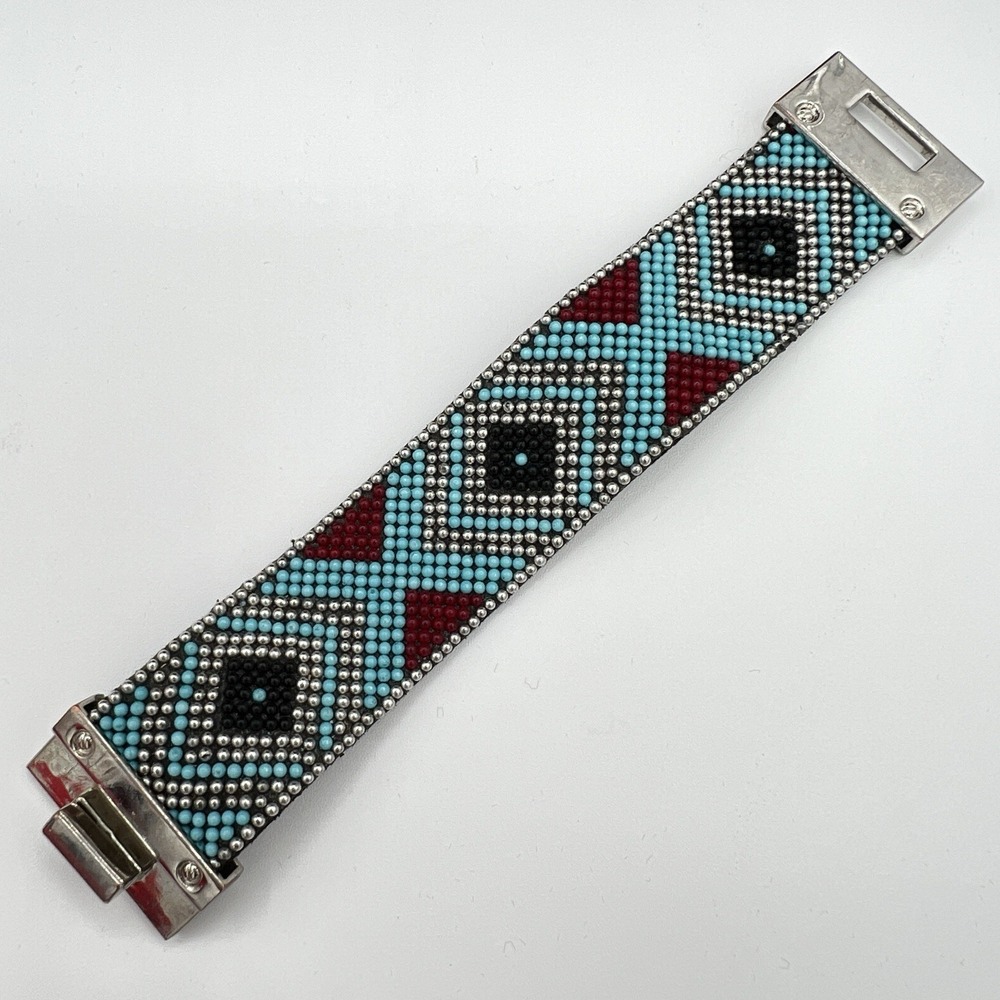 Turquoise, Red Coral Seed Beads Silver Tone Hardware Turnlock Cuff Bracelet‎